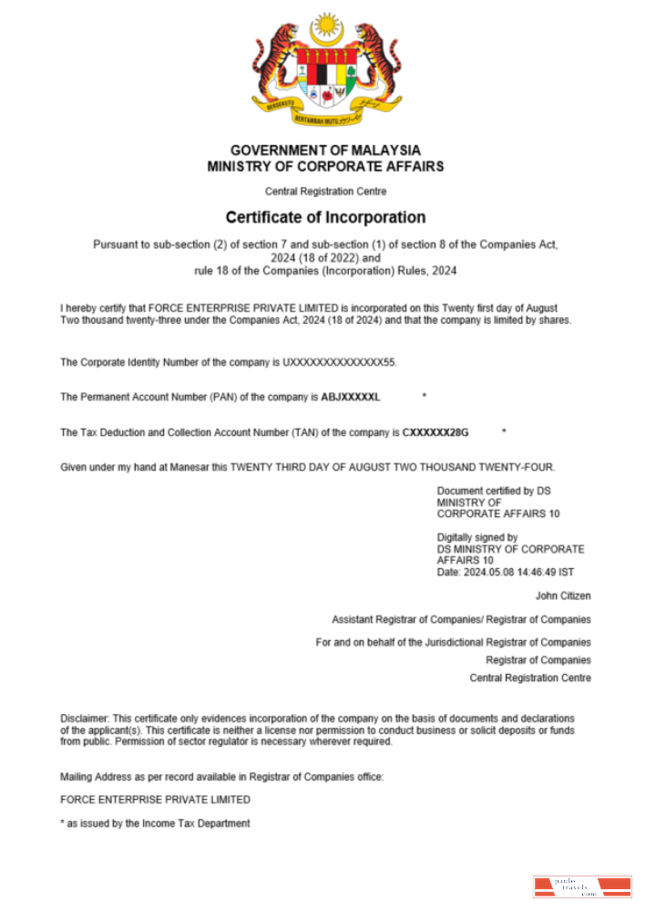 Malaysia business registration certificate Word and PDF template